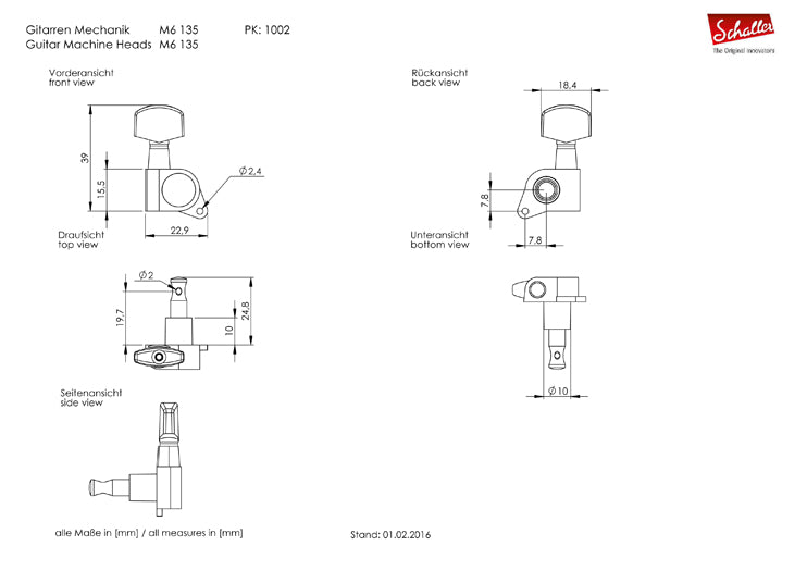 Schaller M6 135° Locking 6 In Line Staggered Tuners