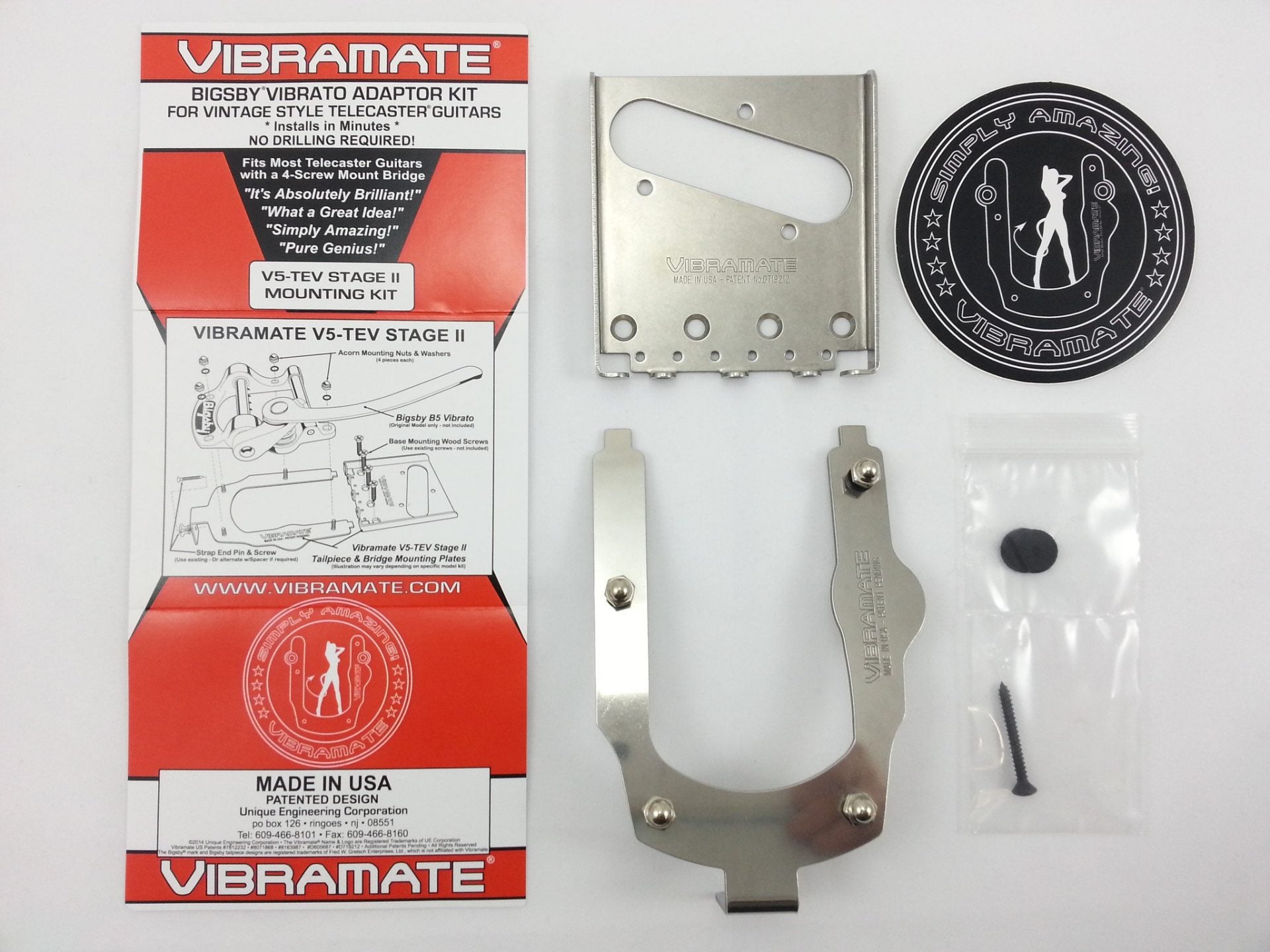 Vibramate V5-TEV-2 adapts Bigsby B5 to fit Tele® without permanent modification - 2-piece - nickel