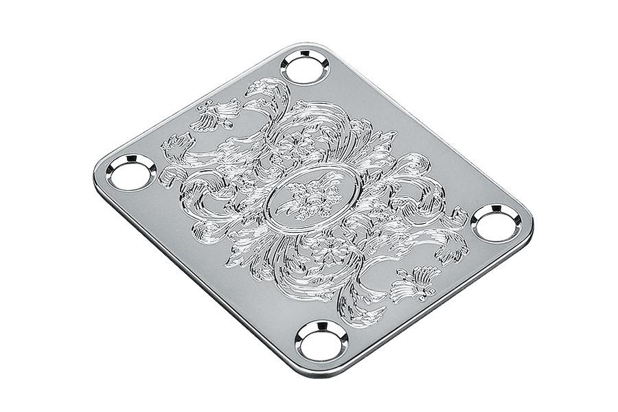 Neck plate - Gotoh engraved steel - 4 hole - for guitar or bass - chrome