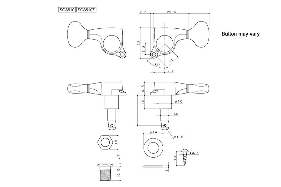 Allparts TK-7981 Gotoh SGS510Z-A70LX 6-In-Line Engraved Keys